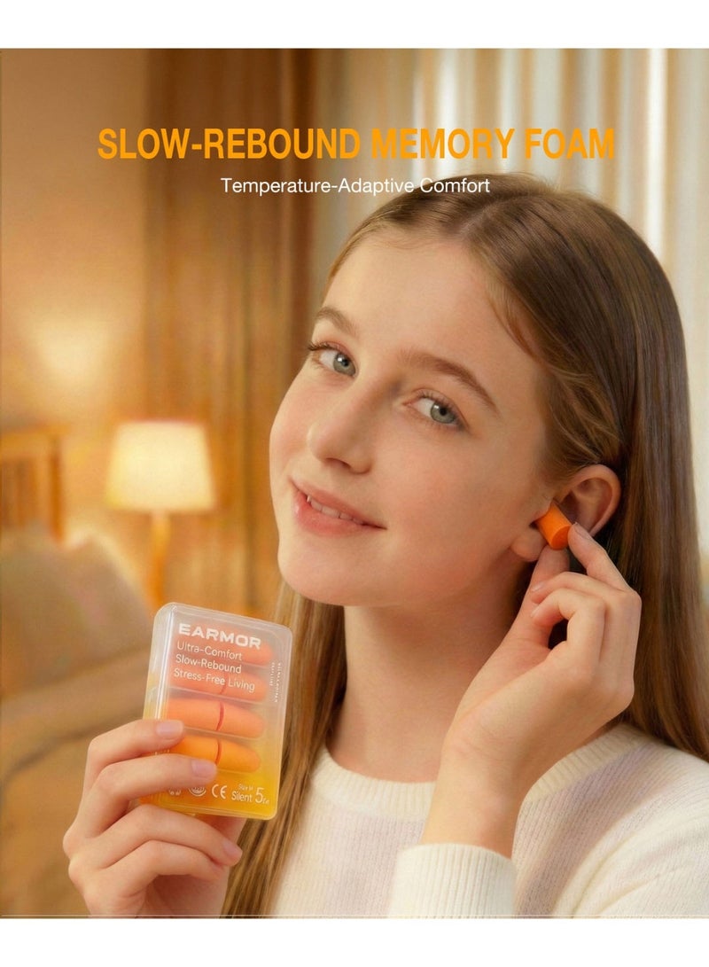 EARMOR E01 Orange Earplugs (5 Pairs)  SNR 36 dB Noise Reduction , 60s Slow-Rebound Memory Foam , 360° Skin-Soft Fit for Side Sleepers , Latex & PVC Free  Hearing Protection Soft PU Foam Earplugs for Sleeping Comfortable Noise Reduction Ear Plugs with Safety Features - Image 2